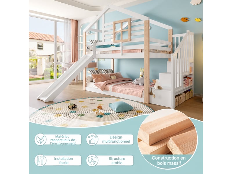 Lit superposé enfant avec toboggan et escalier, 90 x 200 cm, bois blanc - Conforama R