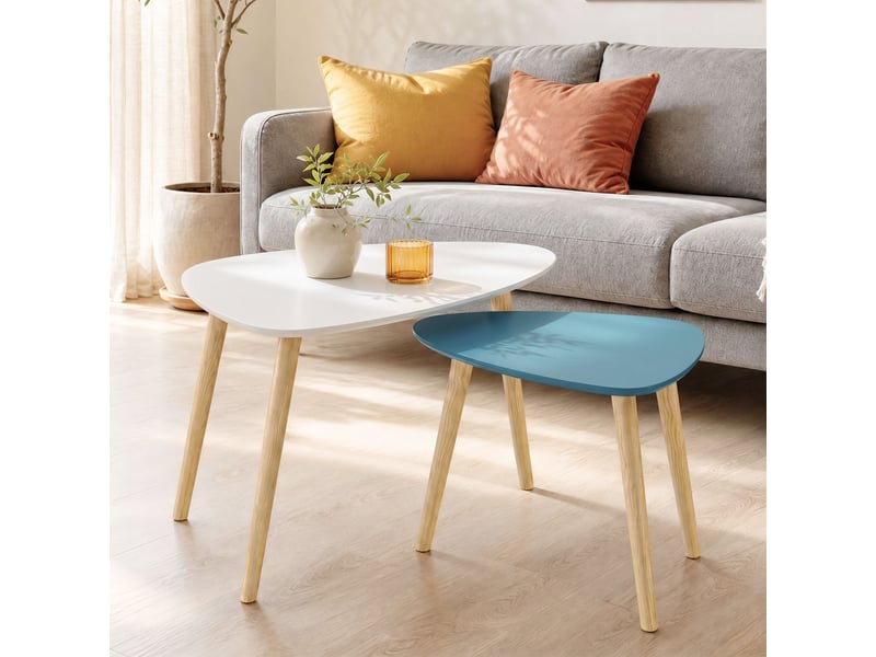  Lot de 2 tables basses gigognes design scandinave forme triangle de reuleaux bois mdf bleu blanc  - Conforama E