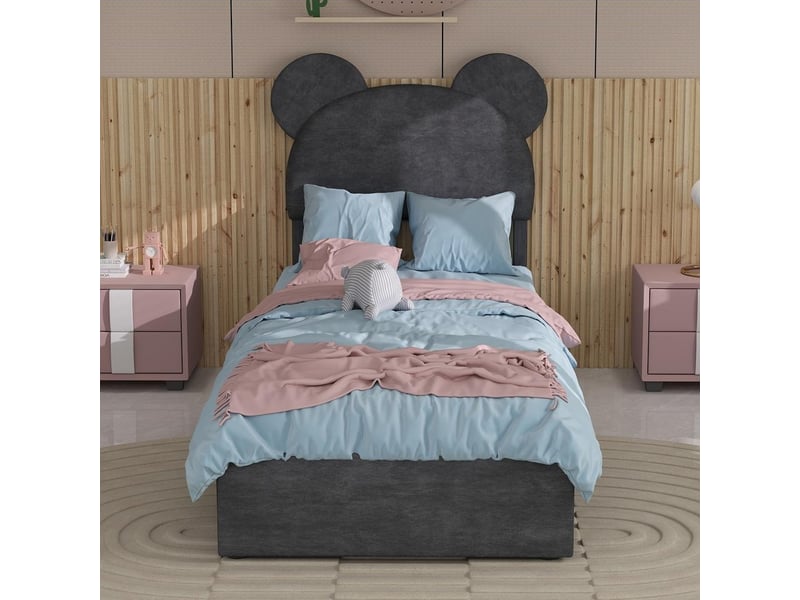 Lit rembourré moderne 90x200 cm avec tête de lit cartoon coffre hydraulique velours chambre enfant, sans matelas, gris - Conforama B