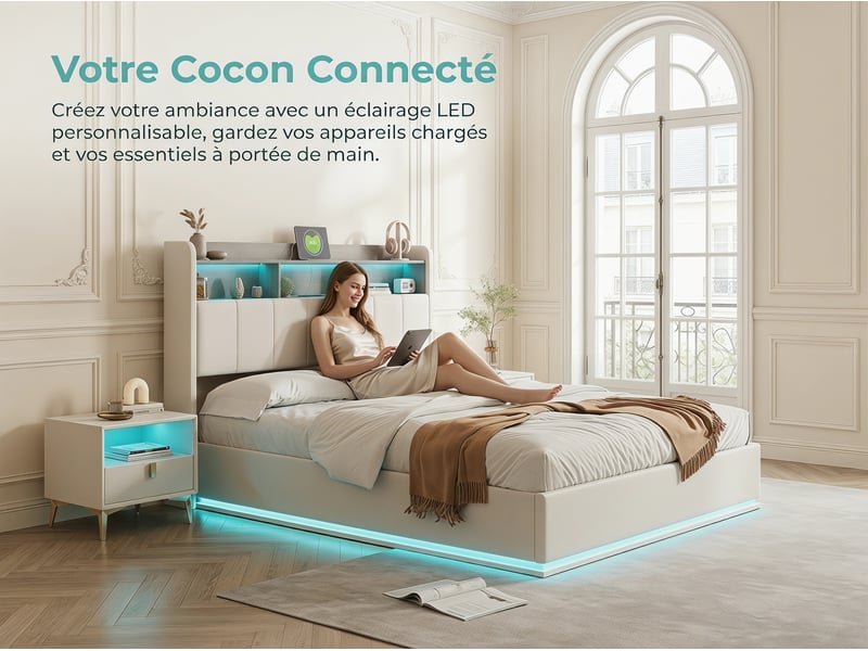  Lit coffre 140x200 cm - led intégrée - tête de lit avec rangement - ports usb + type-c - velours  - Conforama E