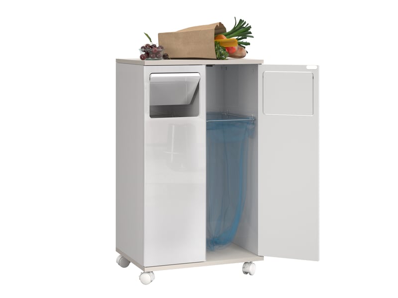  Meuble de tri des déchets 2 portes sur roulettes 46,7x35x80 cm blanc brillant  - Conforama D