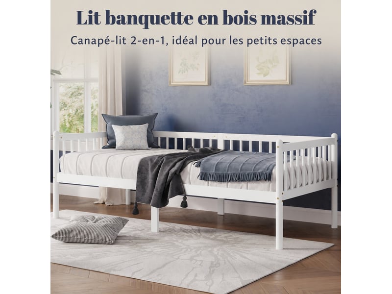  Lit de repos 90 x 200 cm en pin avec barrières 3 côtés, 14 lattes, finition naturelle  - Conforama D