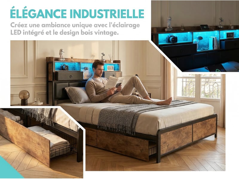 Lit 2 places 140x200 cm - led et usb - avec rangement et 4 paniers - métal et bois - noir - Conforama E