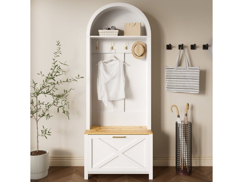  Porte-manteau d'entrée multifonction avec rack à chaussures et crochets – mdf durable, pieds en fer, design moderne  - Conforama B