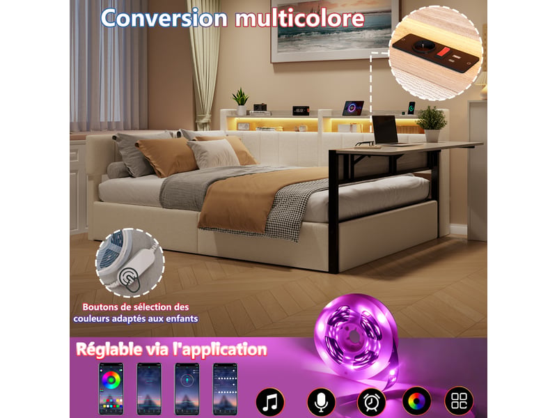  Lit coffre hydraulique 140x200 cm avec  led, table rabattable et usb-c, velours blanc, structure mdf, sans matelas  - Conforama D