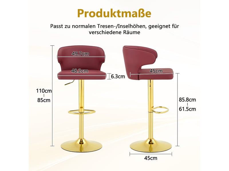  Lot de 2 tabourets de bar réglables,49,7x45x85-110 cm,pivotants,pu,rouge  - Conforama C