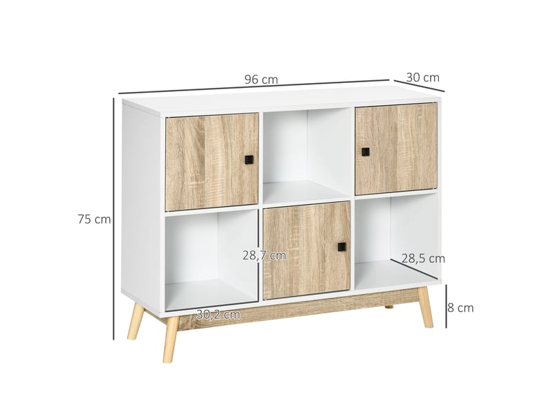  Buffet salon, meuble de rangement 9 cubes avec 3 portes et 3 compartiments ouverts, pieds en bois de pin, style moderne, buffet salle à manger, 96x30x75cm, cuisine, blanc et naturel  - Conforama C