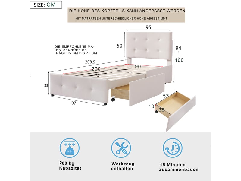  Lit coffre 90x200 with 2 tiroirs, lit 1 place 90x200, lits rembourrés avec cadre à barreaux, lit 90 x 200 cm,cadre de lit avec avec sommier à lattes, dossier, en tissu velours beige doux drawers - lit simple plat pour enfants, a…  - Conforama C