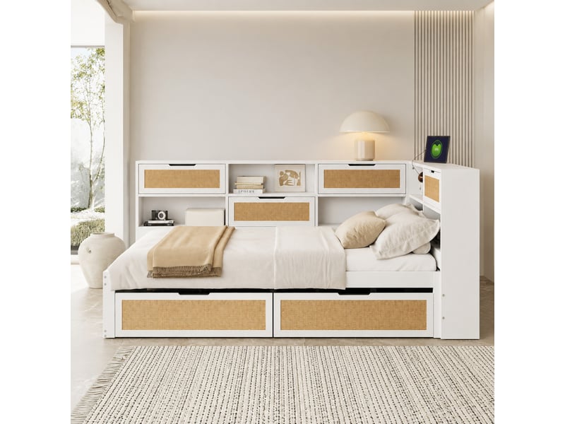  Lit de repos 140x200cm, recharge, espace de rangement, sommier, tête de lit, 2 tiroirs, en bois+mdf, blanc+naturel, sans matelas  - Conforama B