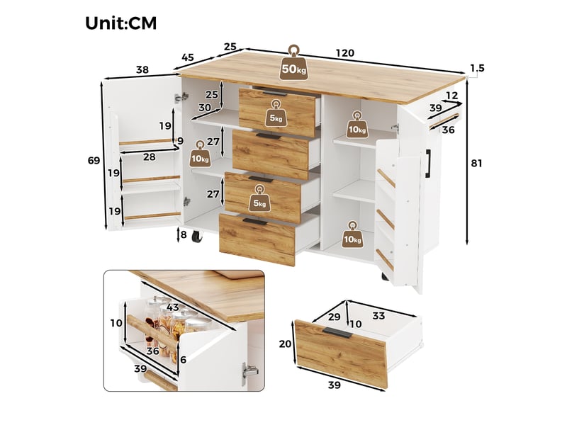  Îlot central cuisine avec plan de travail rabattable, desserte mobile à roulettes verrouillables 120x70x90 cm  - Conforama D