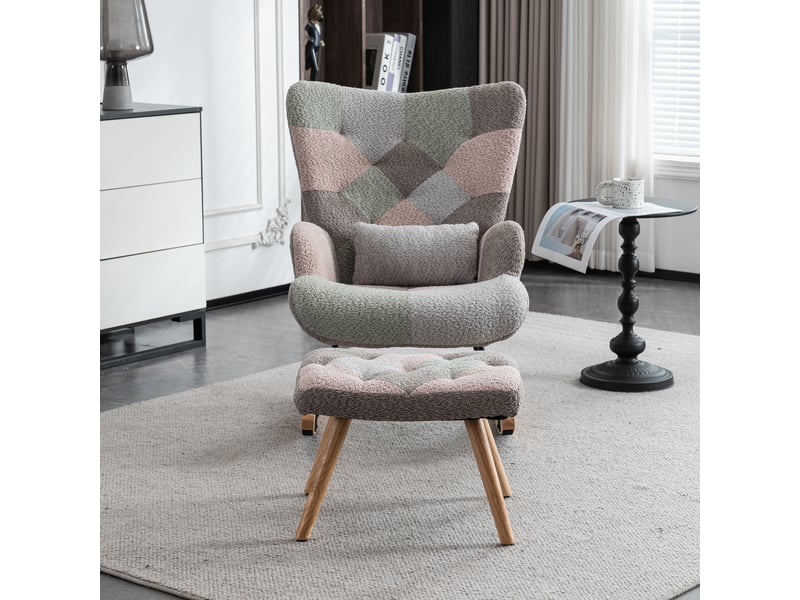  Fauteuil à bascule multicolore avec repose-pieds, cadre en bois d'hévéa, coussin inclus, 93 cm  - Conforama E