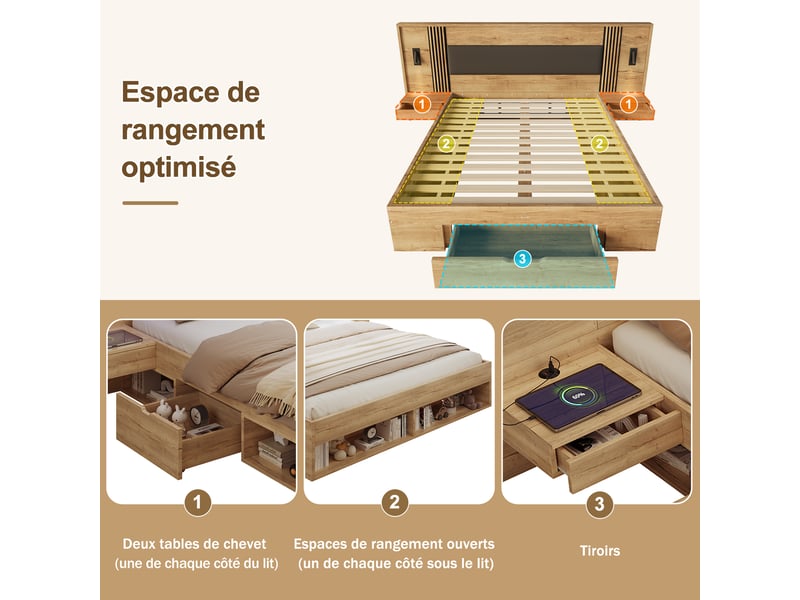 Lit double 160x200 cm avec lampe de lecture, lit adulte, 2 tables de chevet, tiroirs, mdf, couleur naturel sans matelas - Conforama D