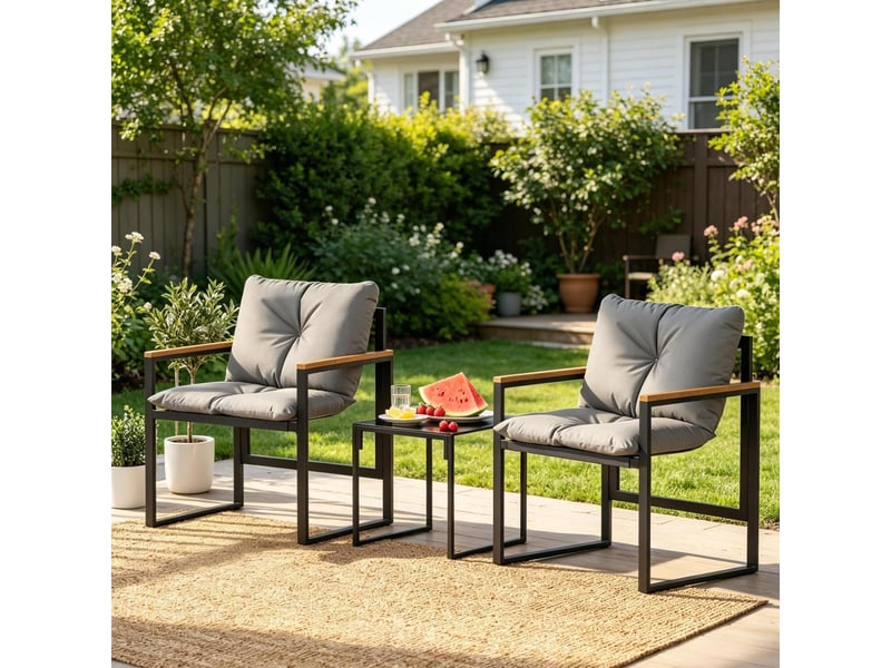  Ensemble terrasse 2 fauteuils 64x62x68 cm – noir et gris – table en verre trempé, 2 coussins inclus  - Conforama B