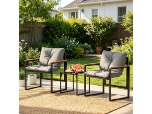 Ensemble terrasse 2 fauteuils 64x62x68 cm – noir et gris – table en verre trempé, 2 coussins inclus