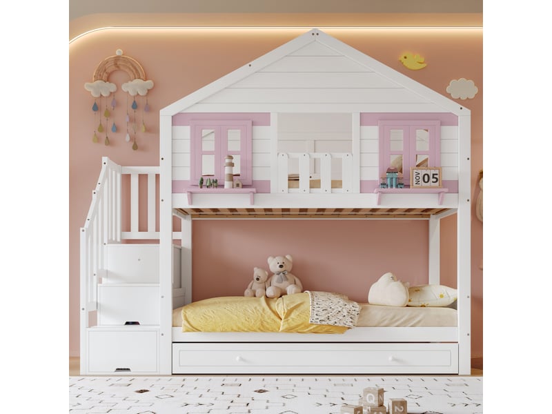 Lit superposé enfant avec lit gigogne, rangement escalier et espace penderie blanc et rose 90 x 200 cm - Conforama D