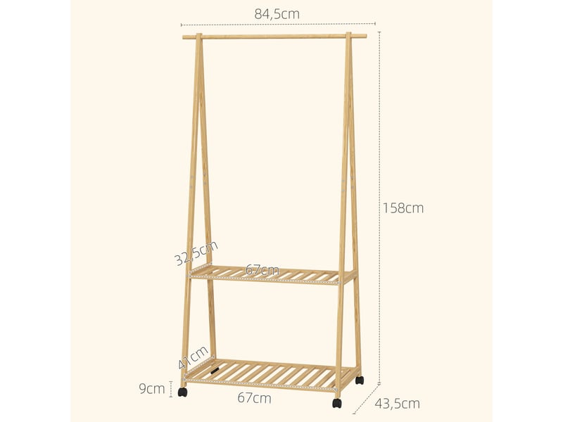  Portant à vêtements en bambou sur roulettes avec 2 étagères et 2 crochets, pour le couloir ou la chambre  - Conforama E