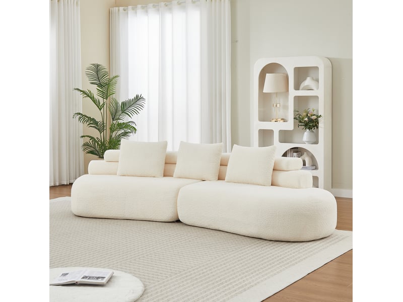  Canapé modulable en chenille beige 2 pièces à conception courbée en forme de pois de cashew, sans bras ni coins durs, design segmenté ultra doux  - Conforama D