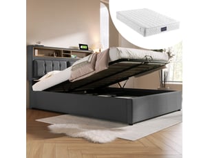Lit coffre ulevr 140x200 avec rangement, tête de lit réglable, prises électriques, usb et type-c, lin gris