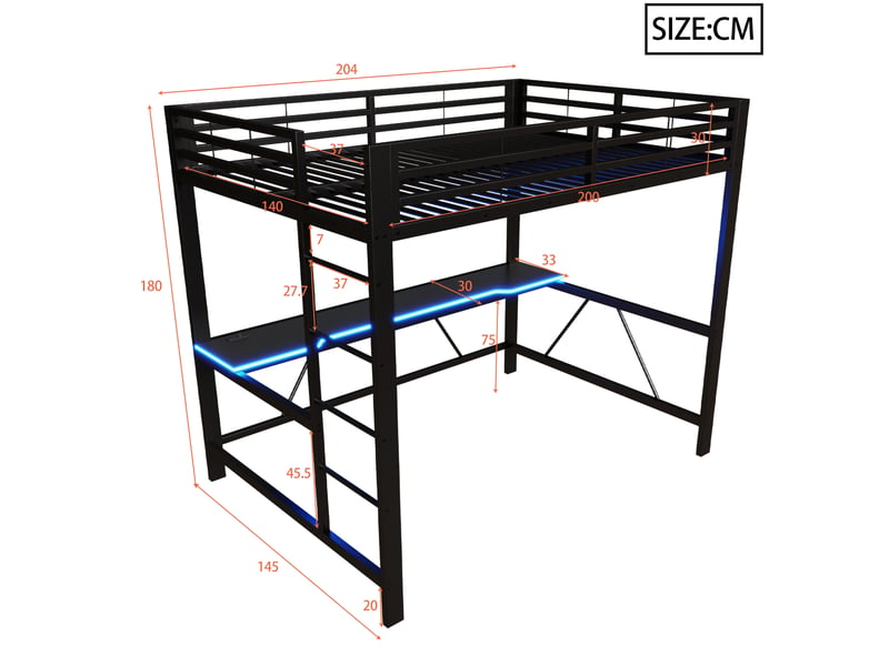 Lit mezzanine gaming 140x200 cm noir, avec bureau, led, usb, rangements, structure métal, sommier inclus, sans matelas - Conforama C