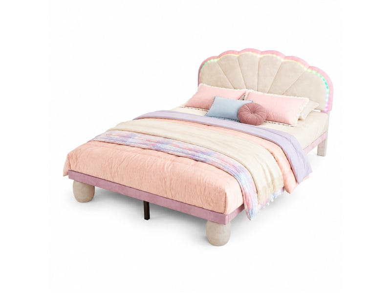  Lit enfant double 140×200 cm led multicolore  - sans matelas, velours beige et rose, tête ondulée  - Conforama A