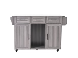 Îlot de cuisine mobile gris 139 × 4671 × 91,5 cm en mdf, plateau rabattable, rangements, roulettes et pieds en bois