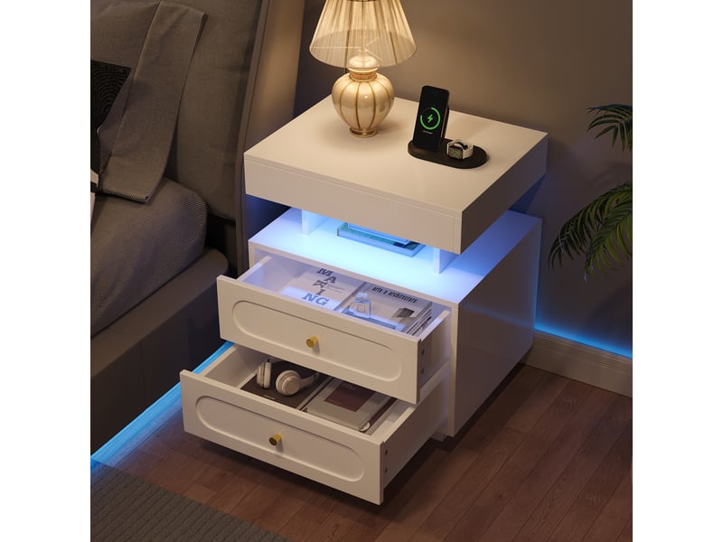 **table de chevet 2 tiroirs led – moderne, blanche – rangement ouvert – l50 x h60 cm** - Conforama E