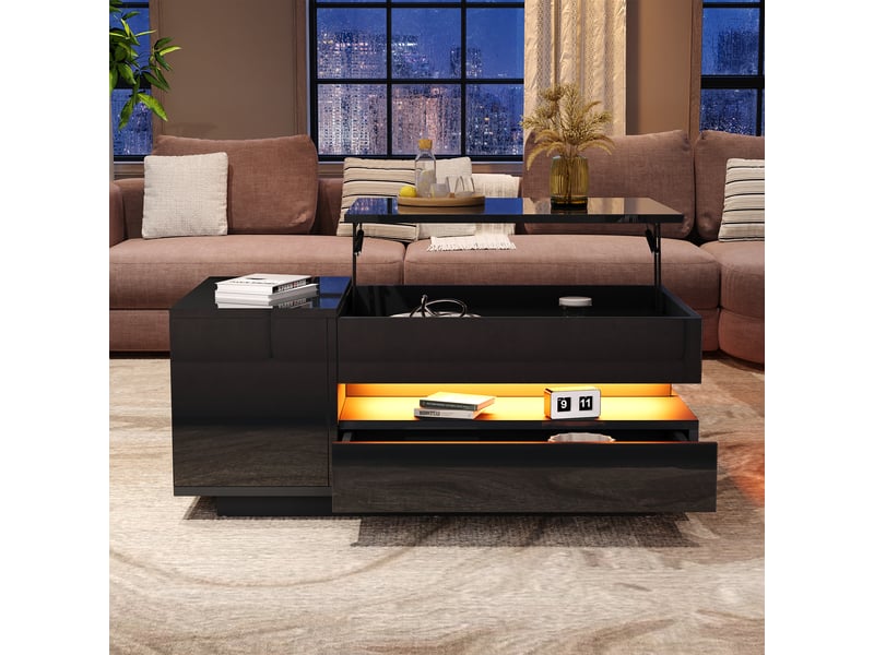  Table basse relevable noire avec rangement caché, table basse led brillante, 95x50x40 cm  - Conforama B