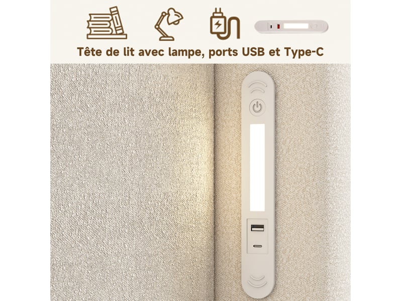  Lit enfant 90x200 cm, sommier inclus, coffre hydraulique, tête de lit avec veilleuse et usb-c, bouclé beige, sans matelas  - Conforama E