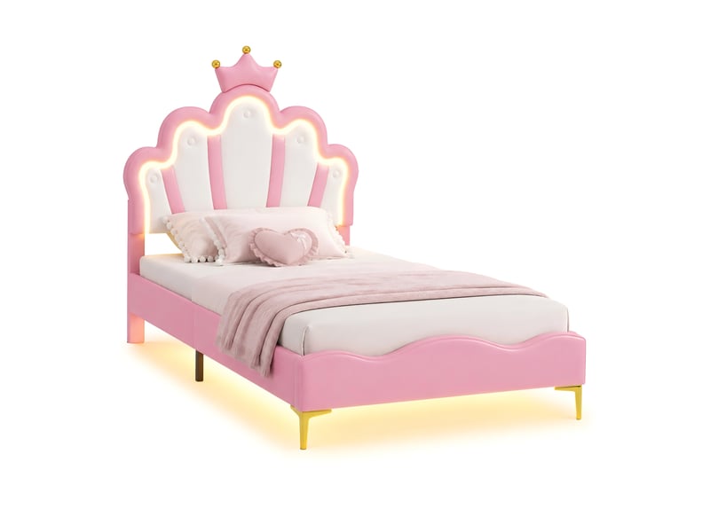  Lit enfant 90x190 cm, lit rembourré en similicuir pu rose avec tête de lit couronne et nuage, éclairage double led rgb (tête et sous le lit), hauteur réglable  - Conforama A