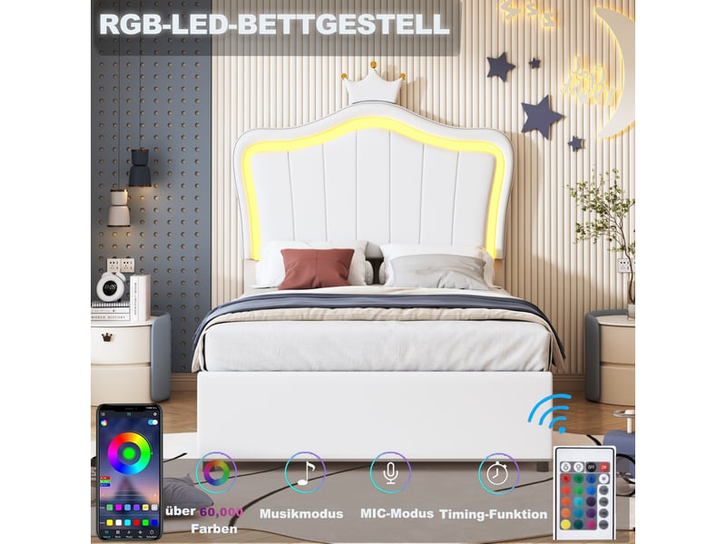  Lit enfant 90x200 cm en similicuir blanc, couronne, led, tête de lit réglable et coffre hydraulique  - Conforama B