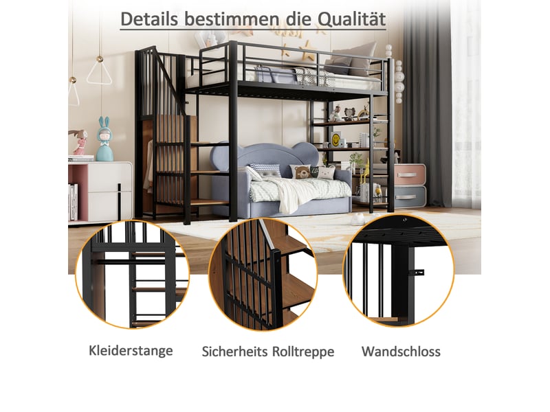  Lit mezzanine enfant 90x200 cm – noir – escalier sécurisé, penderie et étagères – sans matelas  - Conforama E