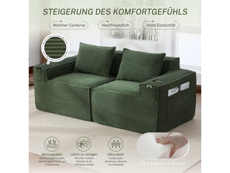Canapé modulable, canapé 2 places, porte-gobelets, sans montage, format compressé, poches latérales, en velours - Conforama W