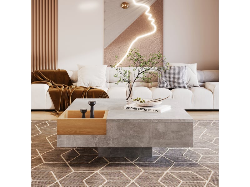  Table basse grise et bois avec boîte de rangement amovible, table de salon carrée 72x72x30 cm, aspect béton  - Conforama W