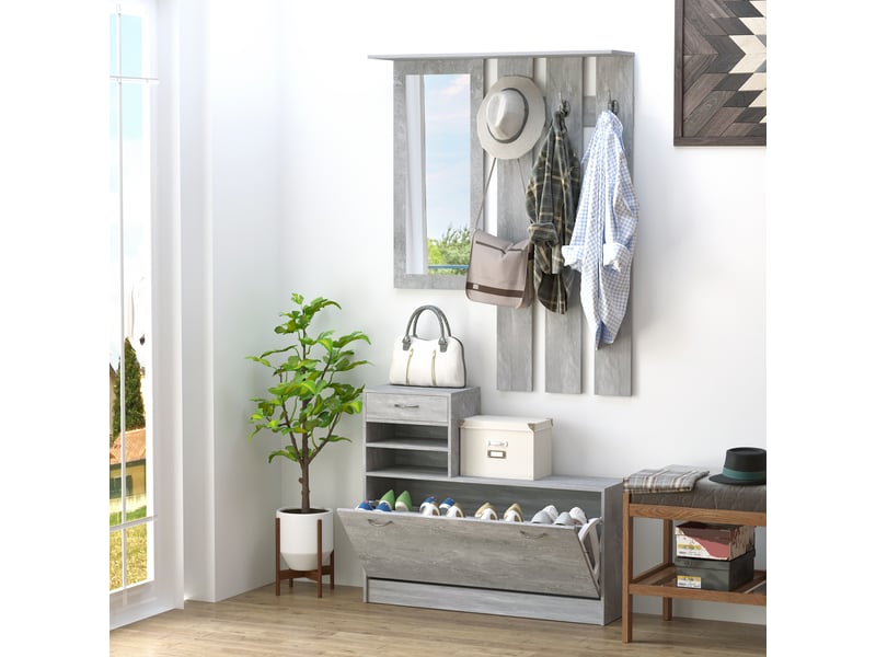 Ensembles 3 en 1 de meuble d'entrée vestiaire avec panneau porte-manteau, effet béton gris, miroir et banc à chaussures - 6 crochets et étagère réglable - Conforama D