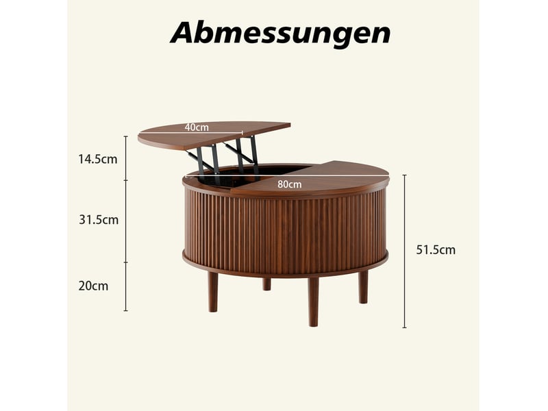  Table basse relevable ronde 80 x 80 x 50 cm - marron - rangement dissimulé, plateau à ouverture bilatérale  - Conforama C