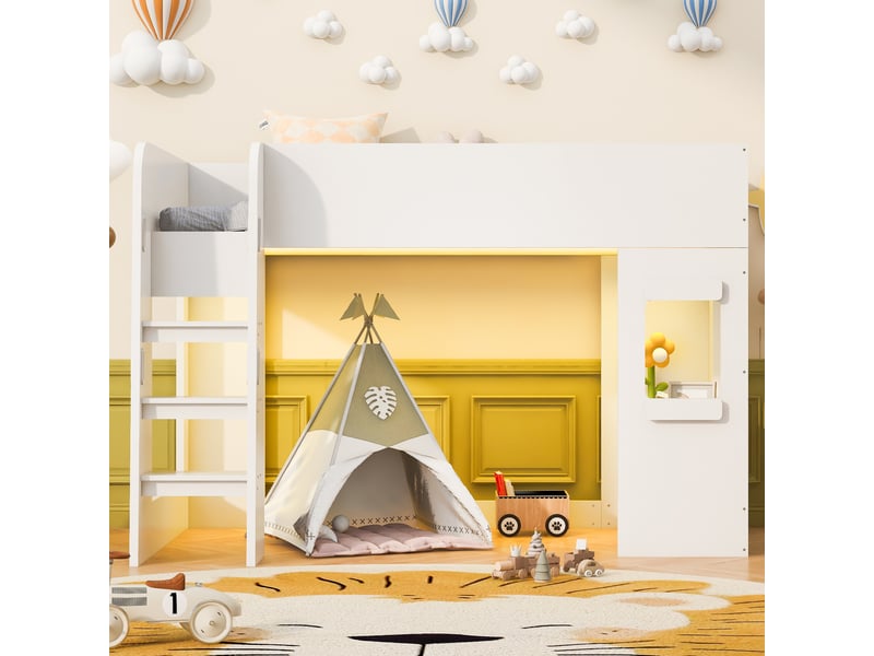 Lit mezzanine en bois 90×200 cm - avec éclairage led - avec petit bureau - avec barrières de sécurité - blanc (matelas non inclus) - Conforama B