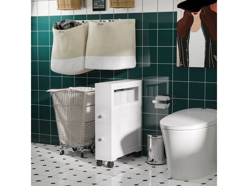  Meuble de salle de bain à 2 tiroirs, gain de place, sur roulettes, 16 x 52 x 71,5 cm, blanc  - Conforama D