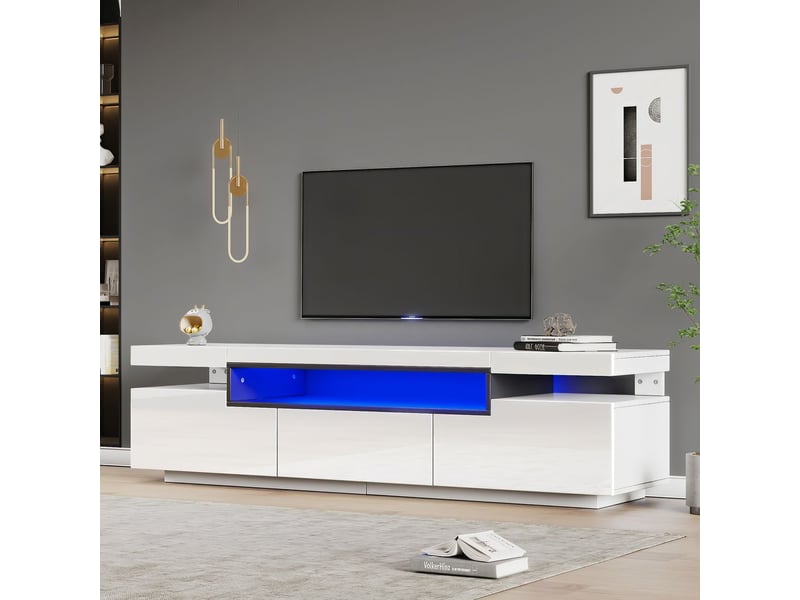  Meuble tv 160x40x40, blanc brillant avec éclairage led 16 couleurs, espace tv 70 3 tiroirs meuble tv rangement  - Conforama A