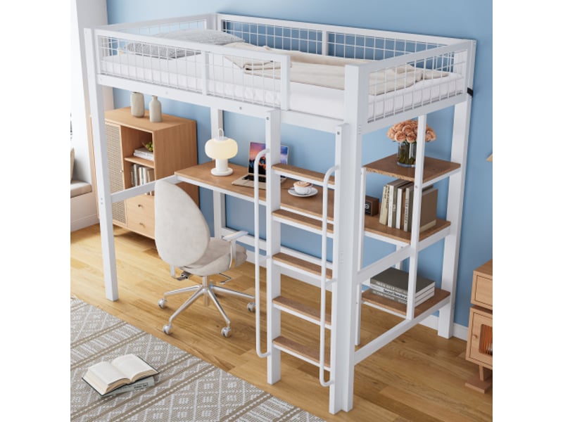  Lit mezzanine avec escalier 90x200 cadre en fer avec bureau, étagères et échelle à 5 marches,blanc  - Conforama B