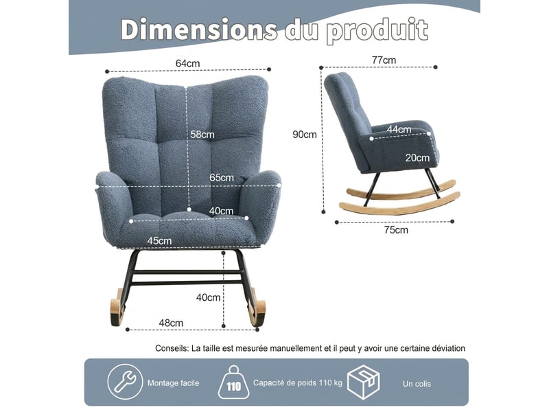  Fauteuil à bascule en tissu bouclette avec poche, fauteuil d'allaitement bleu marine, base en bois massif, 65x77x90 cm  - Conforama C