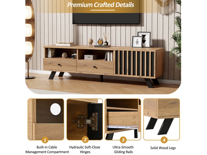 Meuble tv bas 150 cm, 2 tiroirs, 1 porte de rangement, effet bois, meuble de salon, structure aggloméré, bois et noir - Conforama E