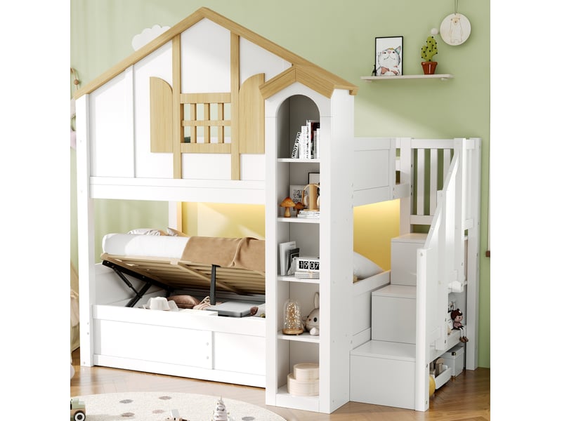  Lit superposé enfant 90x200 cm avec rangement hydraulique et led, blanc et bois  - Conforama B