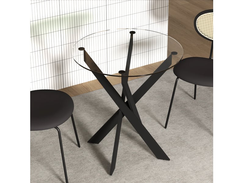  Table de salle à manger ronde 4 personnes avec plateau verre trempé pieds métal réglables noir transparent ø70 × 75 cm  - Conforama D