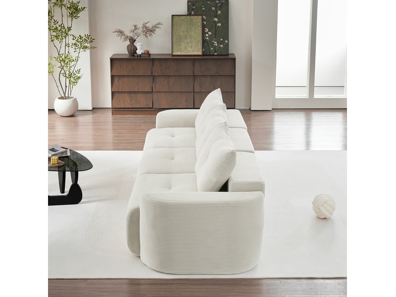  Canapé modulable 3 places couleur beige, configuration 2+1, design arrondi, mousse, revêtement côtelé  - Conforama D