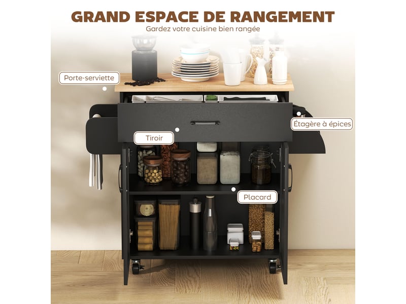  Dessert îlot de cuisine multi-rangements tiroirs placard 2 portes avec étagère réglable 105 x 36 x 85 cm noir  - Conforama D