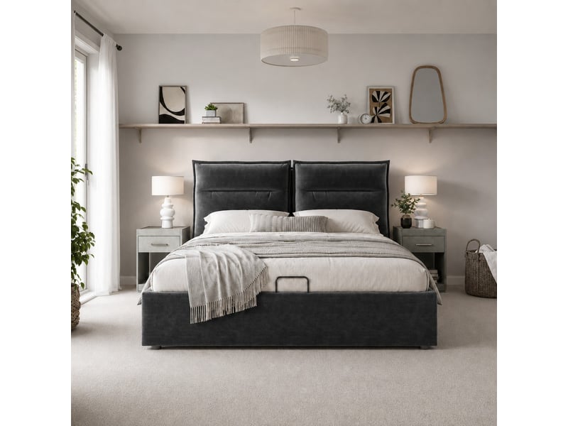  Lit double rembourré 140 x 200 cm avec coffre hydraulique et tête de lit réglable, velours noir, sommier à lattes Fay Lum - Conforama E
