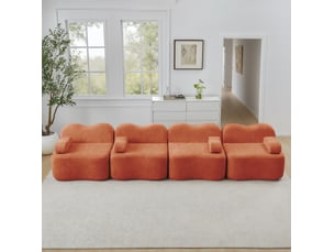 Canapé modulaire 4 places en velours orange, forme ondulée, 384 x 98 x 70 cm