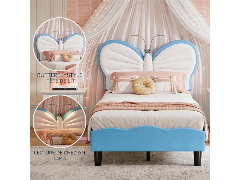  Lit enfant fille 90x200 cm – tête de lit papillon avec lampe de lecture intégrée – hauteur réglable 87,5-92,5 cm – velours – structure renforcée jusqu'à 350 lbs – sommier à lattes inclus  - Conforama C