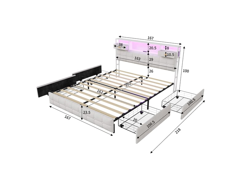  Lit 160x200 avec 4 tiroirs, lit adulte avec led rgb et ports de charge, lit double, tête de lit avec rangement intégré, tissu velours, moderne, beige  - Conforama E