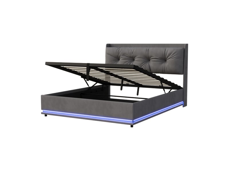  Lit 140x190cm - lit coffre 140x190cm - lit rembourré velours, tête de lit led, usb et sommier relevable avec rangement - gris  - Conforama A